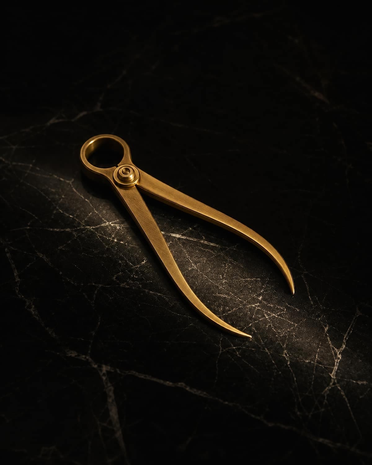 A single brass caliper resting on dark veined marble