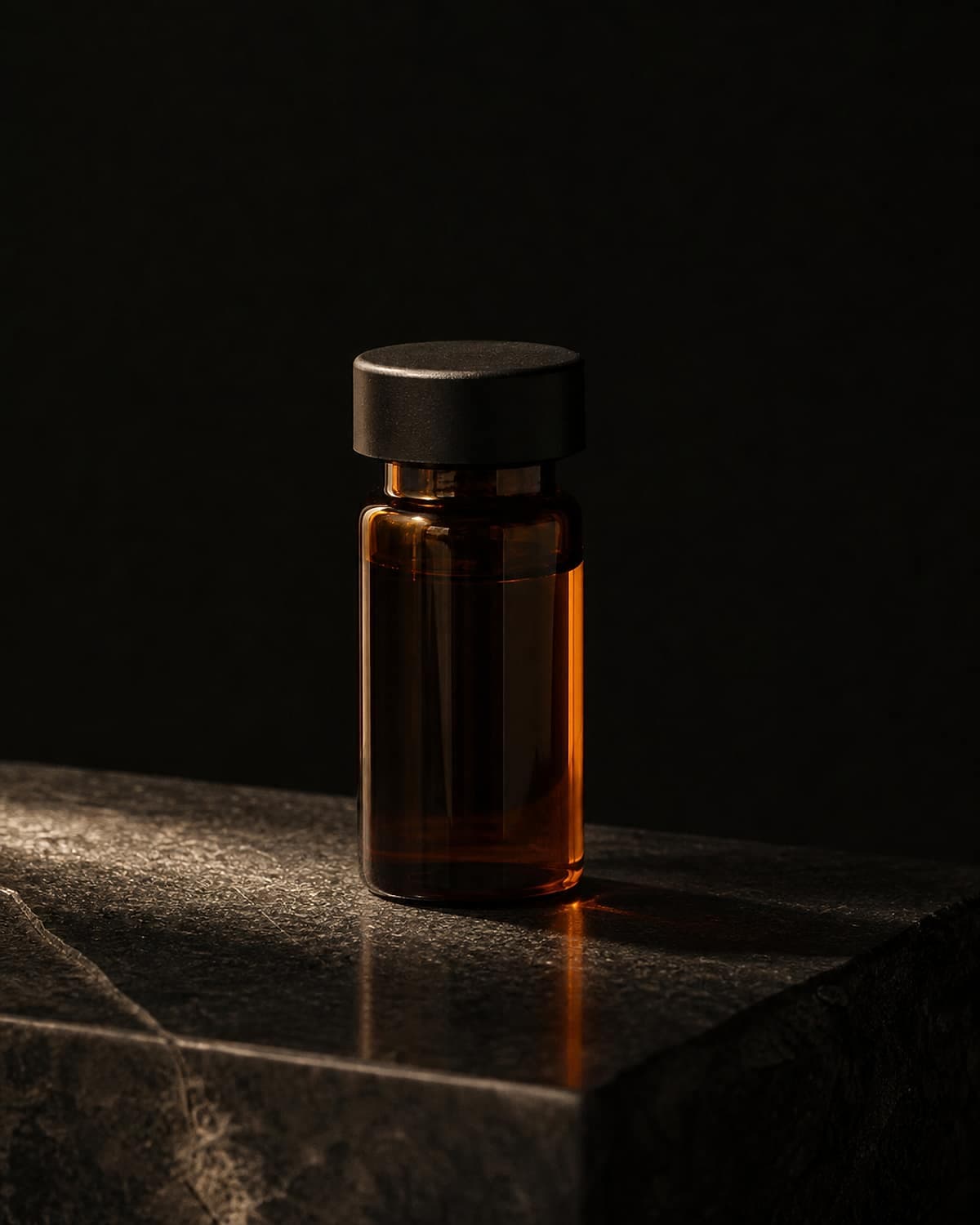 An unmarked amber glass vial on dark stone, lit by warm side light